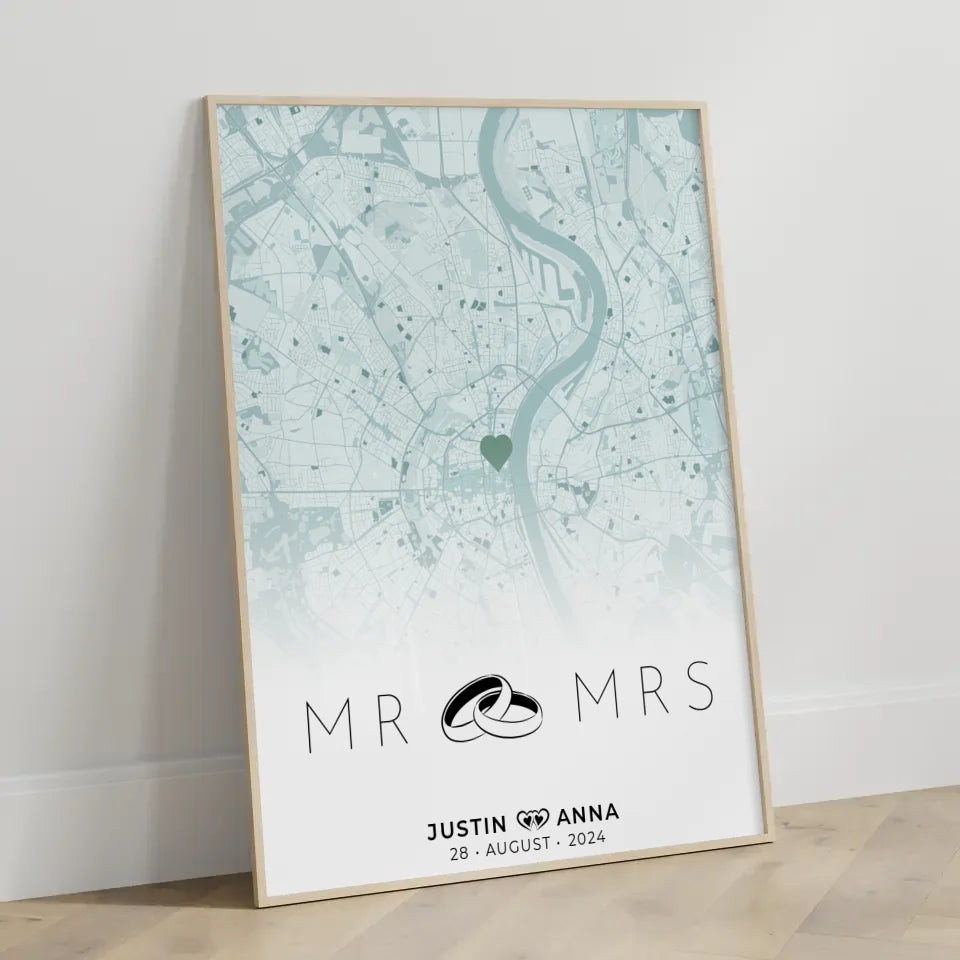 Personalisiertes Stadtkarten Poster für Paare Mr & Mrs Mintgrün Wo Alles Begann