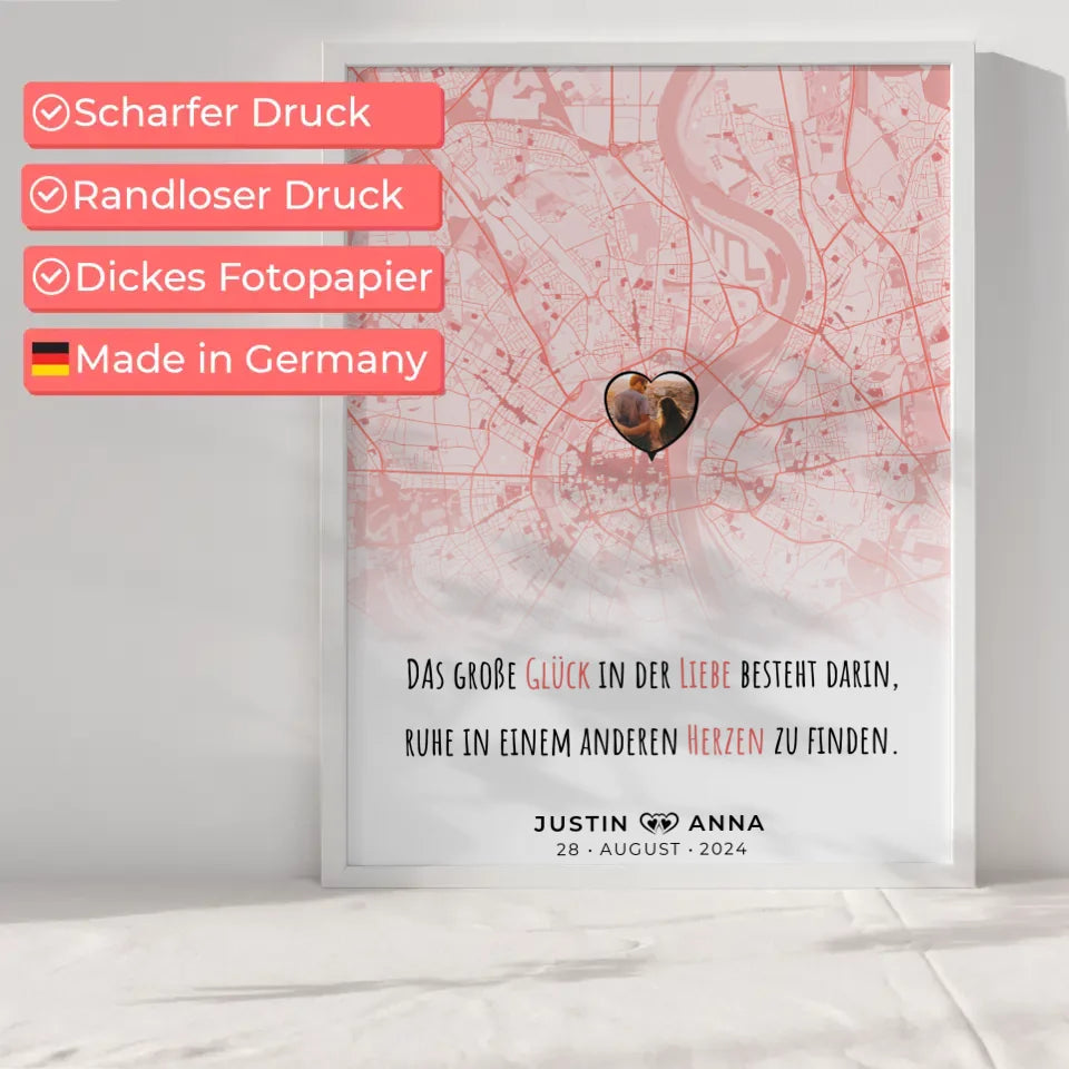 Personalisiertes Stadtkarten Poster für Paare Das Große Glück Roserot