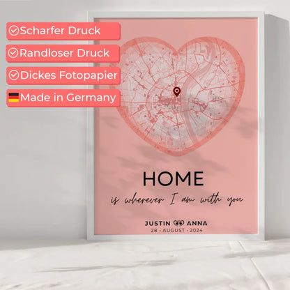 Personalisiert Stadtkarten Poster Paare Herz Altrosa Home Is Wherever I Am With You Wo Alles Begann