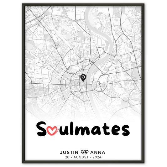 Personalisiertes Stadtkarten Poster Schwarz Weiß für Paare Soulmates