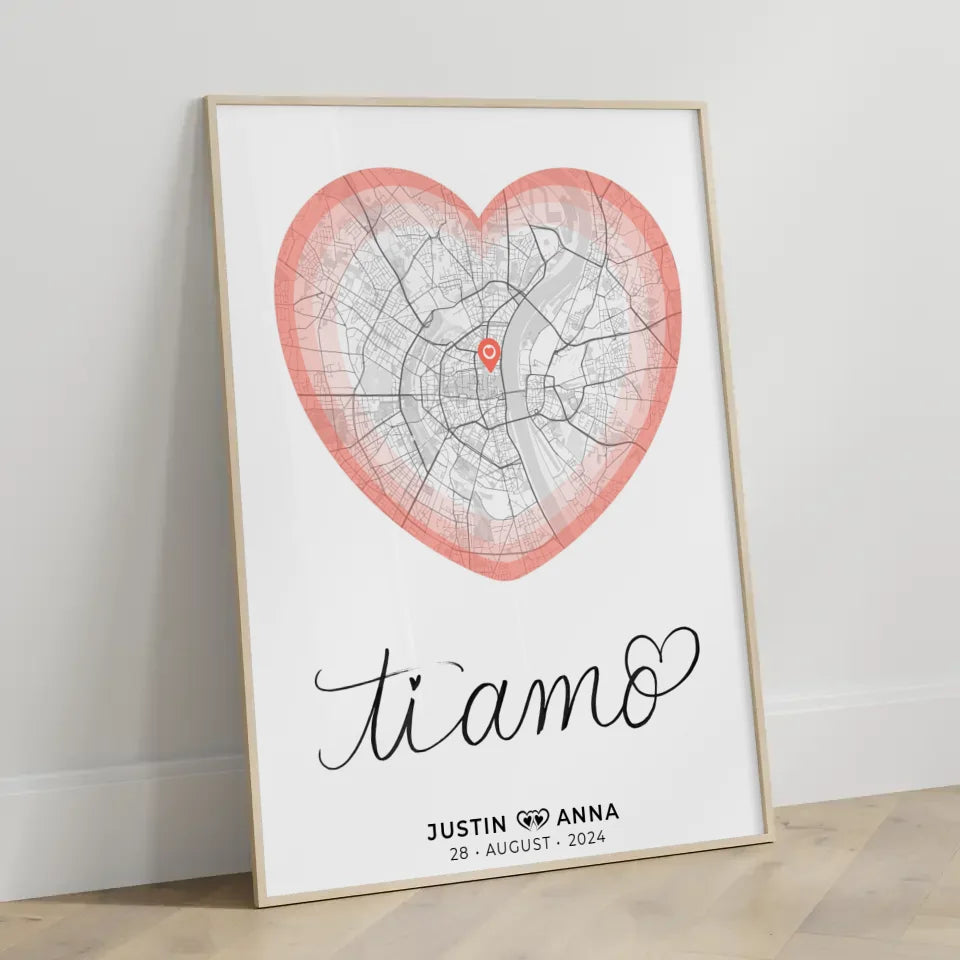 Personalisiertes Stadtkarten Poster Paare Herz Ti Amo Wo Alles Begann Roserot