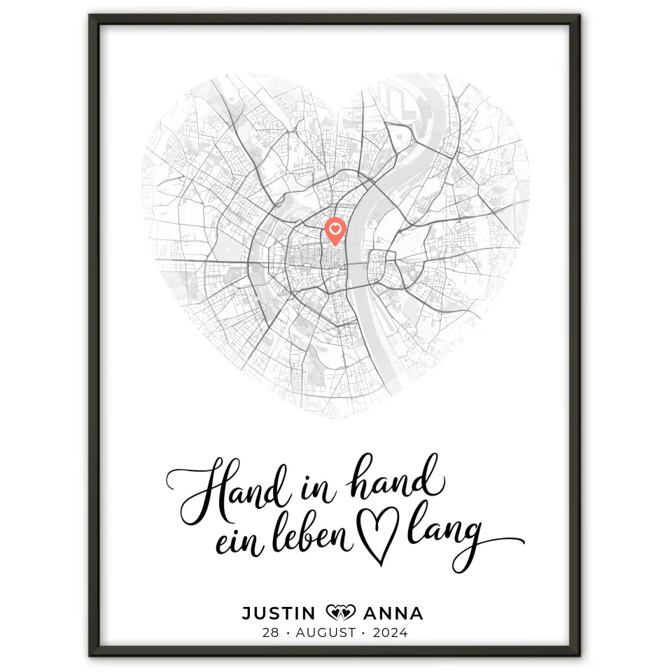 Personalisiert Stadtkarten Poster Paare Herz Hand In Hand Ein Leben Lang Wo Alles Begann