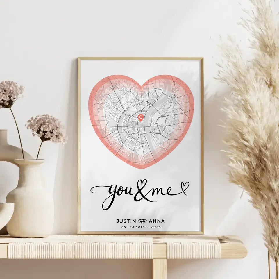 Personalisiertes Stadtkarten Poster für Paare Herz You & Me Roserot