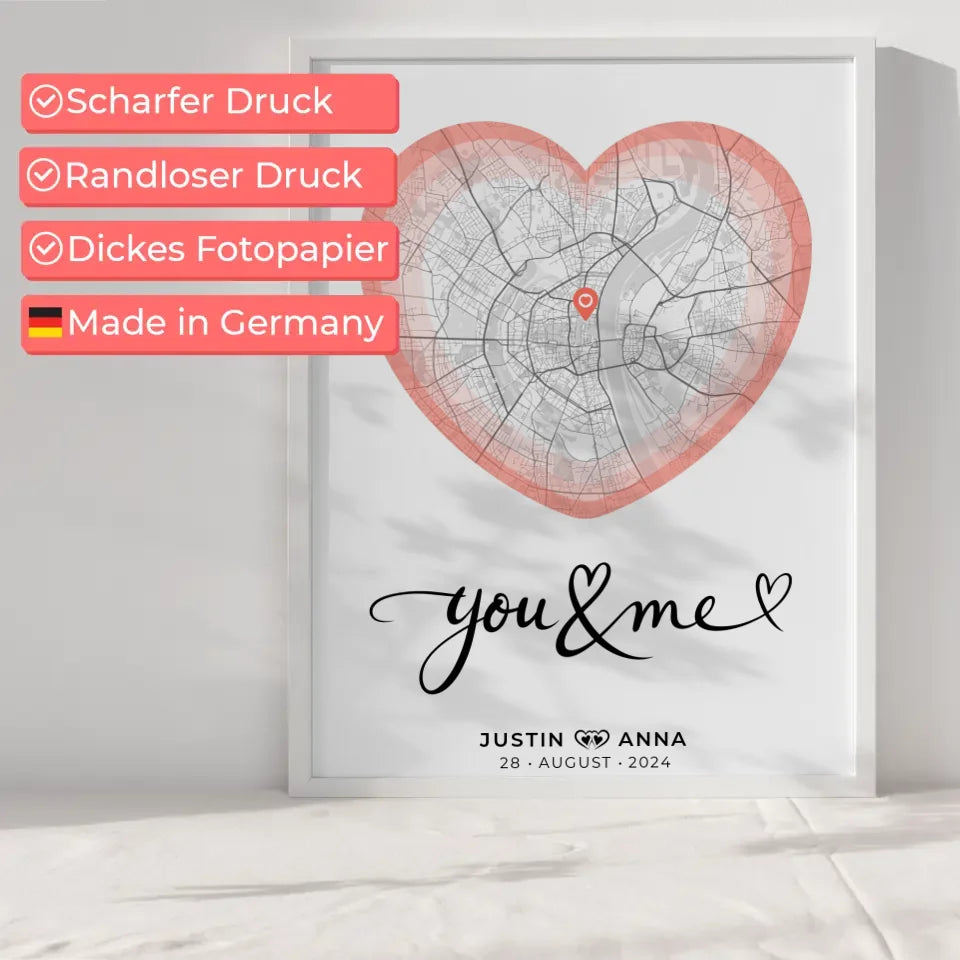 Personalisiertes Stadtkarten Poster für Paare Herz You & Me Roserot