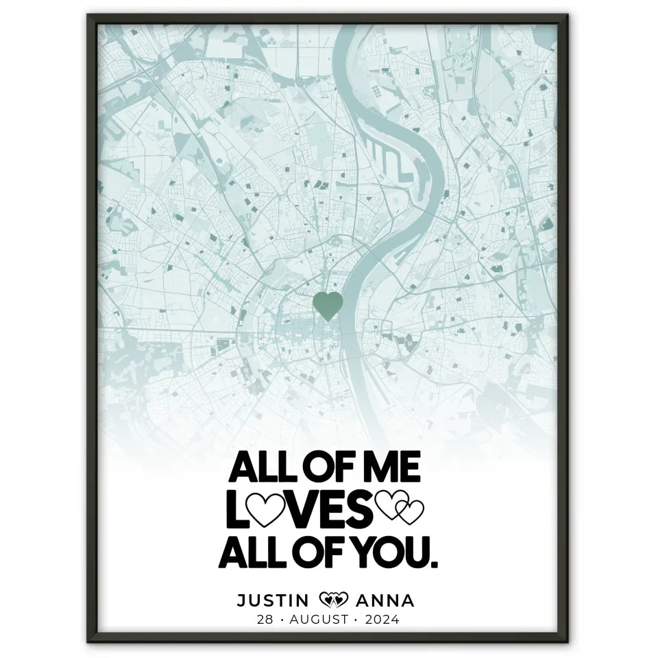 Personalisiertes Stadtkarten Poster Paare All Of Me Loves All Of You Mintgrün