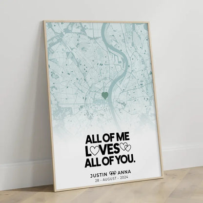 Personalisiertes Stadtkarten Poster Paare All Of Me Loves All Of You Mintgrün