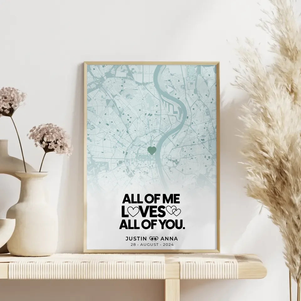 Personalisiertes Stadtkarten Poster Paare All Of Me Loves All Of You Mintgrün