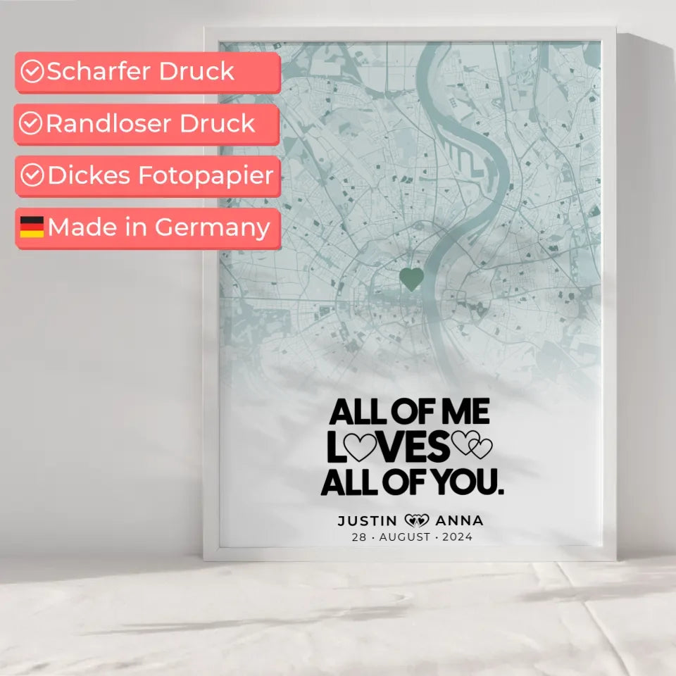 Personalisiertes Stadtkarten Poster Paare All Of Me Loves All Of You Mintgrün