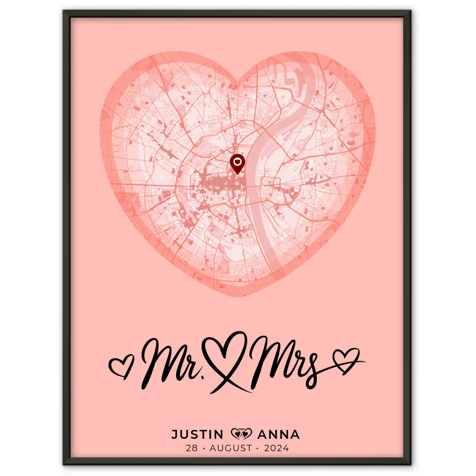 Personalisiertes Stadtkarten Poster Paare Herz Altrosa Mr & Mrs Wo Alles Begann