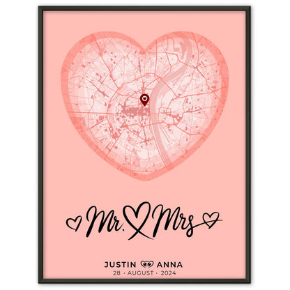 Personalisiertes Stadtkarten Poster Paare Herz Altrosa Mr & Mrs Wo Alles Begann