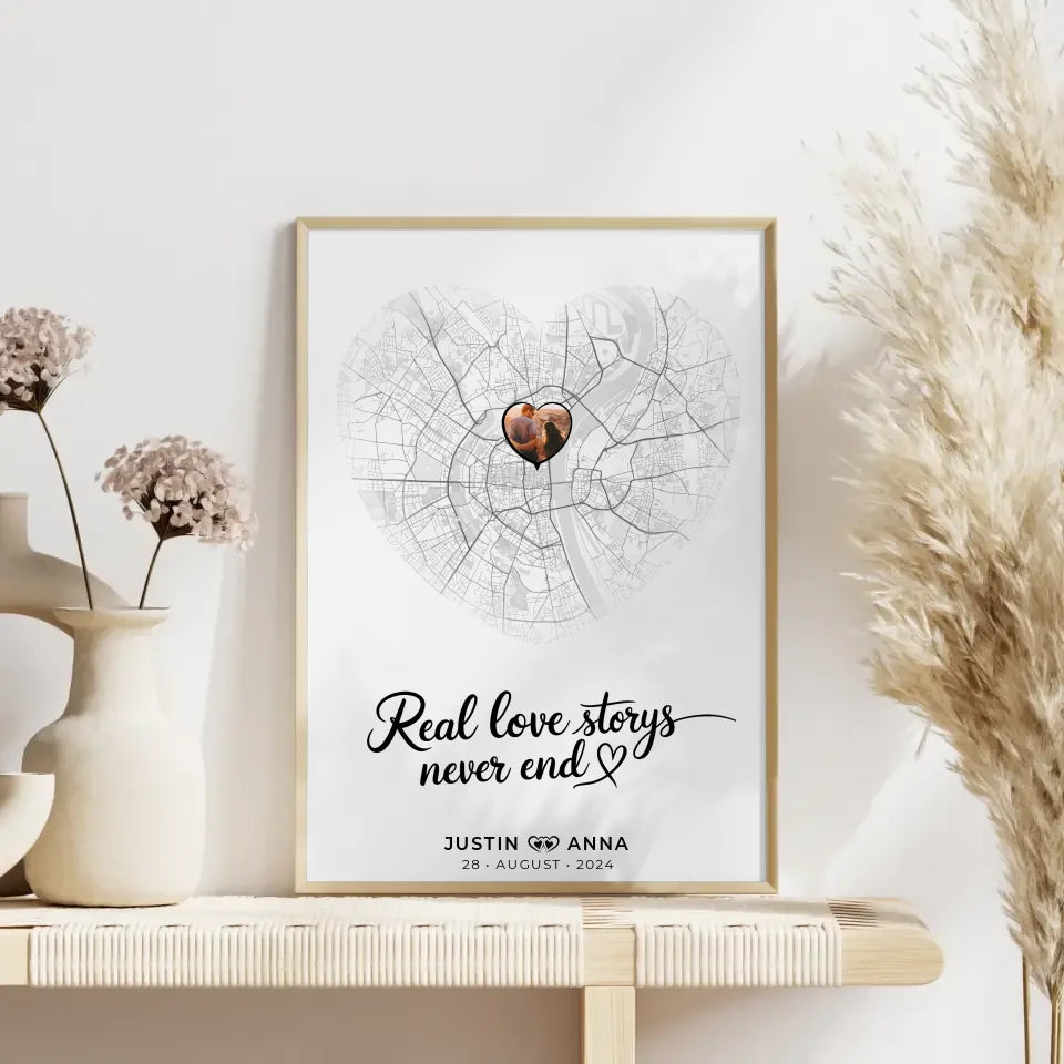 Personalisiert Stadtkarten Poster Paare Herz Real Love Storys Never End