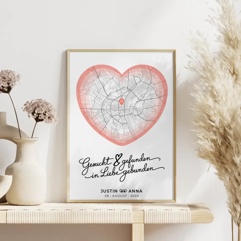 Personalisiert Stadtkarten Poster Paare Herz Gesucht & Gefunden Roserot