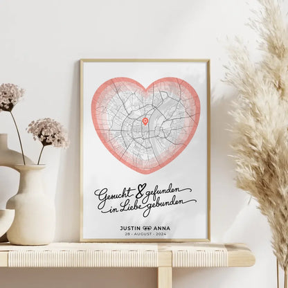 Personalisiert Stadtkarten Poster Paare Herz Gesucht & Gefunden Roserot