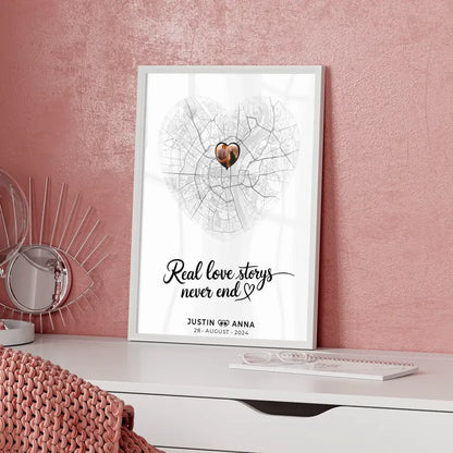 Personalisiert Stadtkarten Poster Paare Herz Real Love Storys Never End