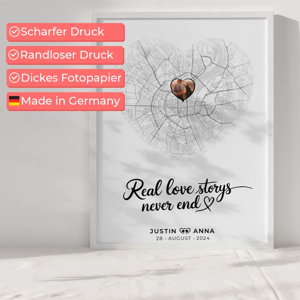 Personalisiert Stadtkarten Poster Paare Herz Real Love Storys Never End