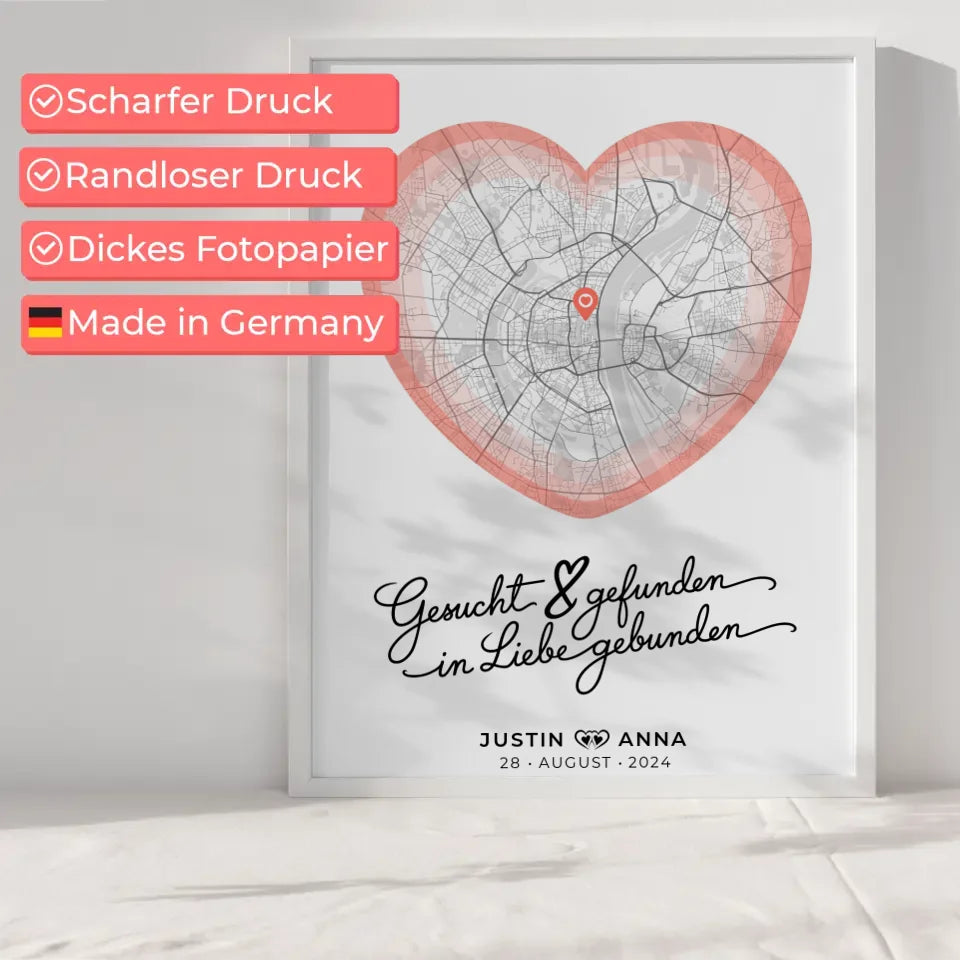 Personalisiert Stadtkarten Poster Paare Herz Gesucht & Gefunden Roserot