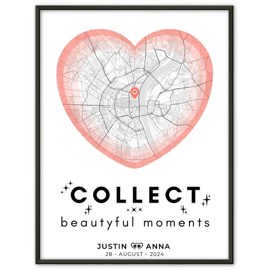 Personalisiertes Stadtkarten Poster für Paare im Herz Design Roserot