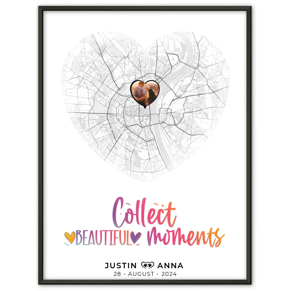 Personalisiertes Stadtkarten Poster für Paare Herz Collect Beautyful Moments