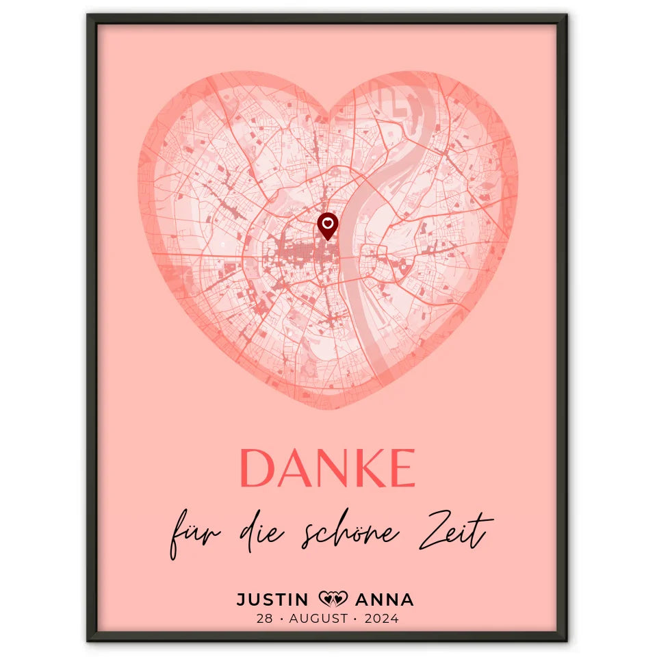 Personalisiert Stadtkarten Poster Paare Herz Altrosa Danke Für Die Schöne Zeit Wo Alles Begann