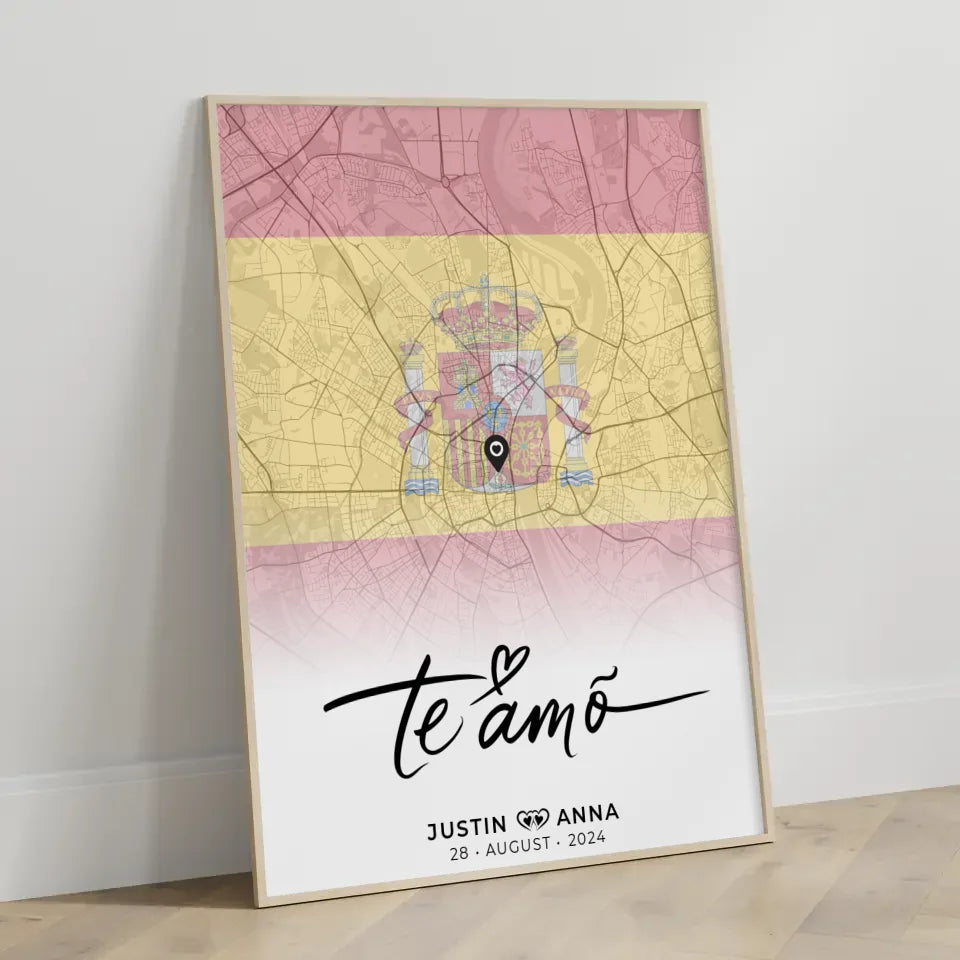 Personalisiertes Stadtkartenposter für Paare Urlaub Spanien Te Amo