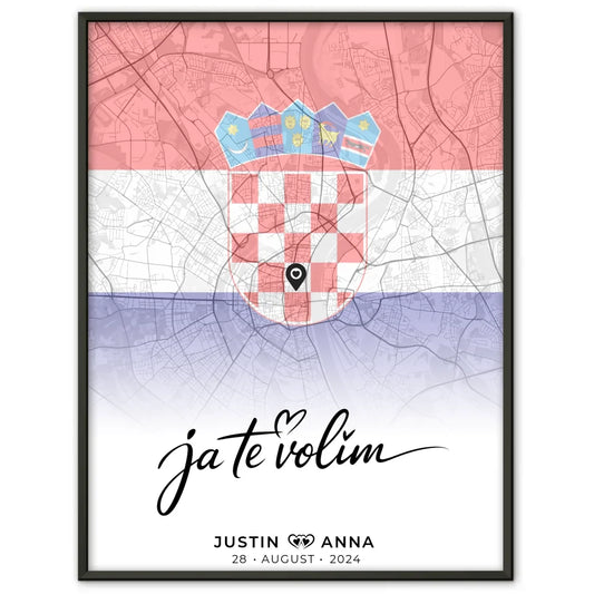 Personalisiertes Stadtkartenposter für Paare aus Kroatien Ja Te Volim