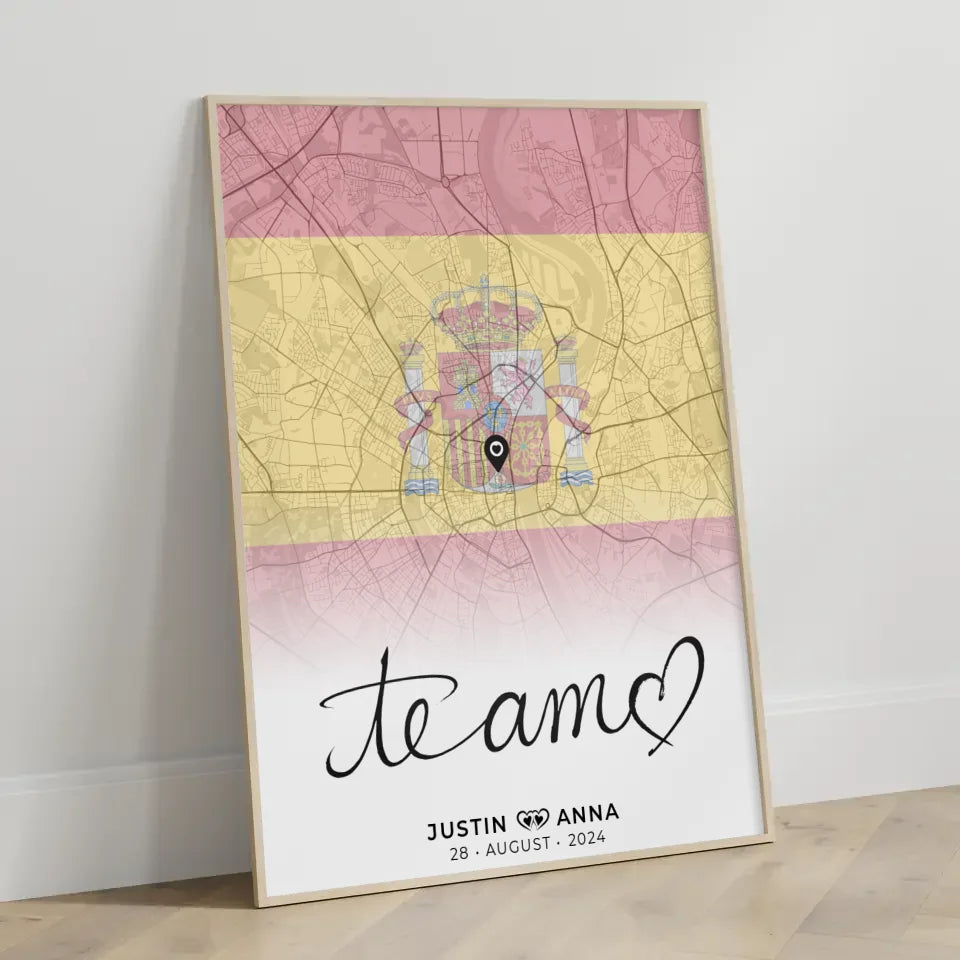 Personalisiertes Stadtkartenposter für Paare Urlaub Te Amo