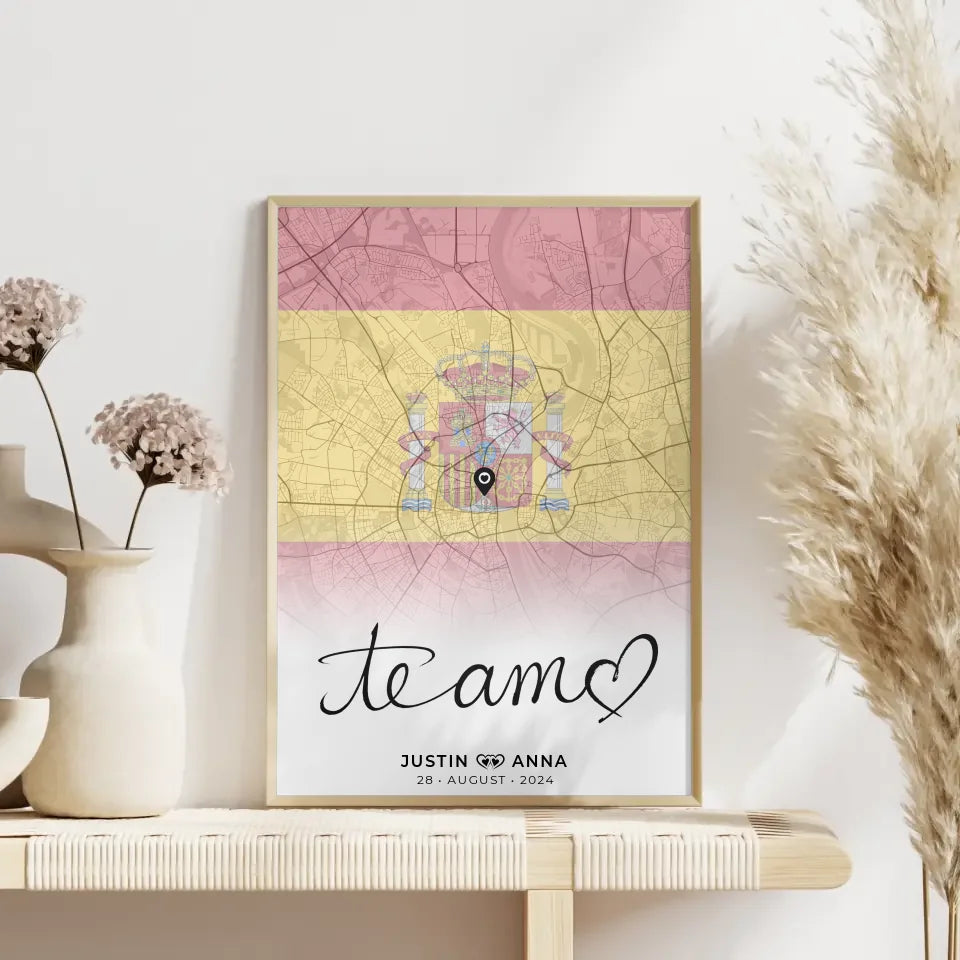 Personalisiertes Stadtkartenposter für Paare Urlaub Te Amo