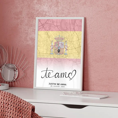 Personalisiertes Stadtkartenposter für Paare Urlaub Te Amo