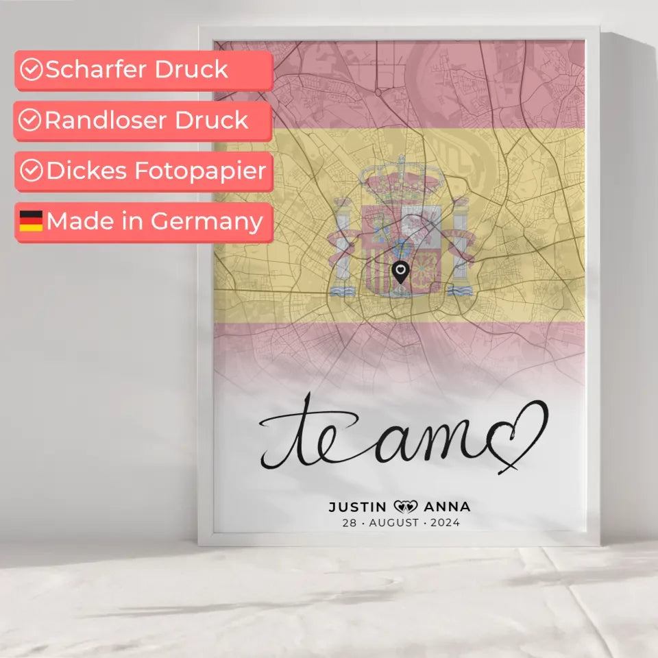 Personalisiertes Stadtkartenposter für Paare Urlaub Te Amo