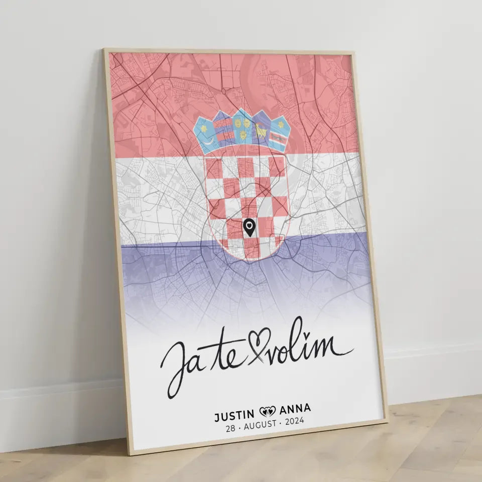 Personalisiertes Stadtkartenposter für Paare Kroatien Ja Te Volim