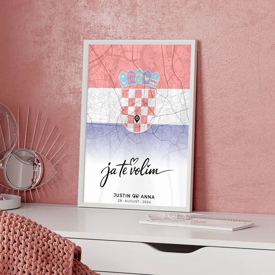 Personalisiertes Stadtkartenposter für Paare aus Kroatien Ja Te Volim