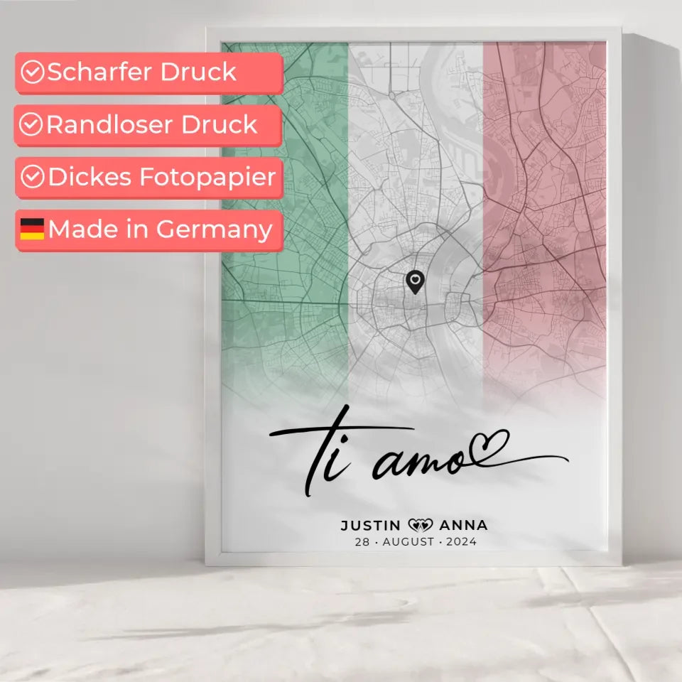 Personalisiertes Stadtkartenposter für Paare Urlaub Italien Ti Amo