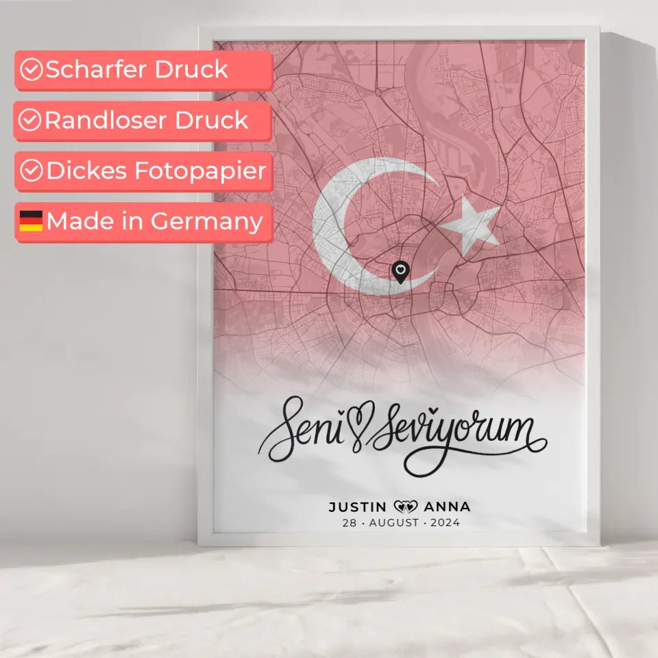 Stadtkarte Paar Poster Urlaub Türkei Seni Seviyorum