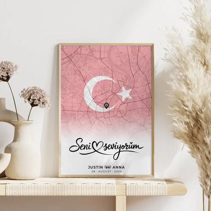 Personalisiertes Stadtkartenposter für Paare Urlaub Türkei Seni Seviyorum