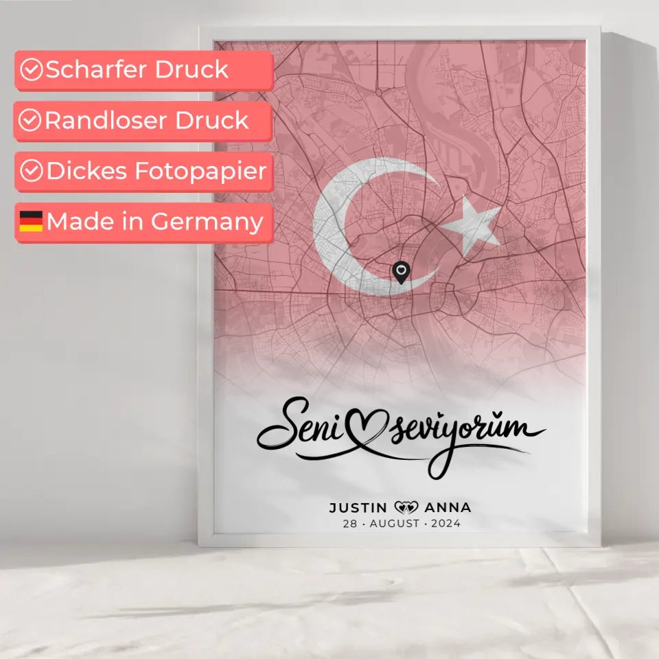 Personalisiertes Stadtkartenposter für Paare Urlaub Türkei Seni Seviyorum