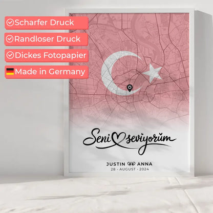 Personalisiertes Stadtkartenposter für Paare Urlaub Türkei Seni Seviyorum