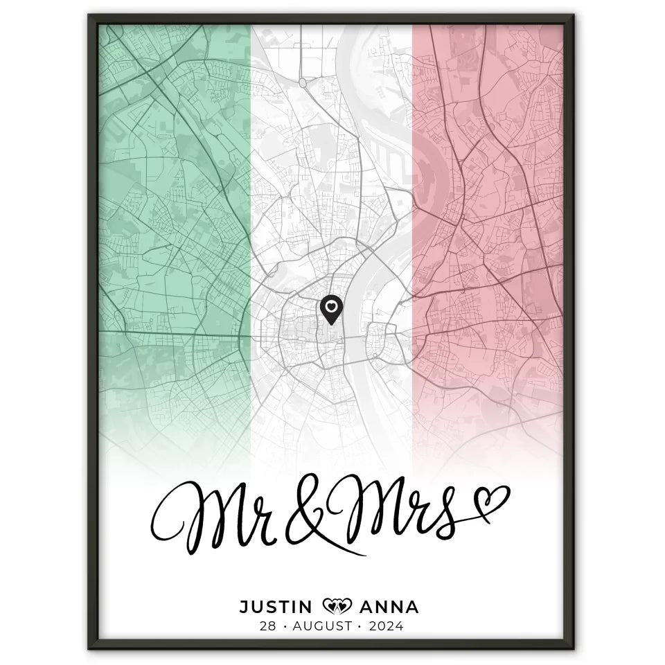 Personalisiertes Stadtkartenposter Paare Urlaub Italien Mr & Mrs Foto Map Marker