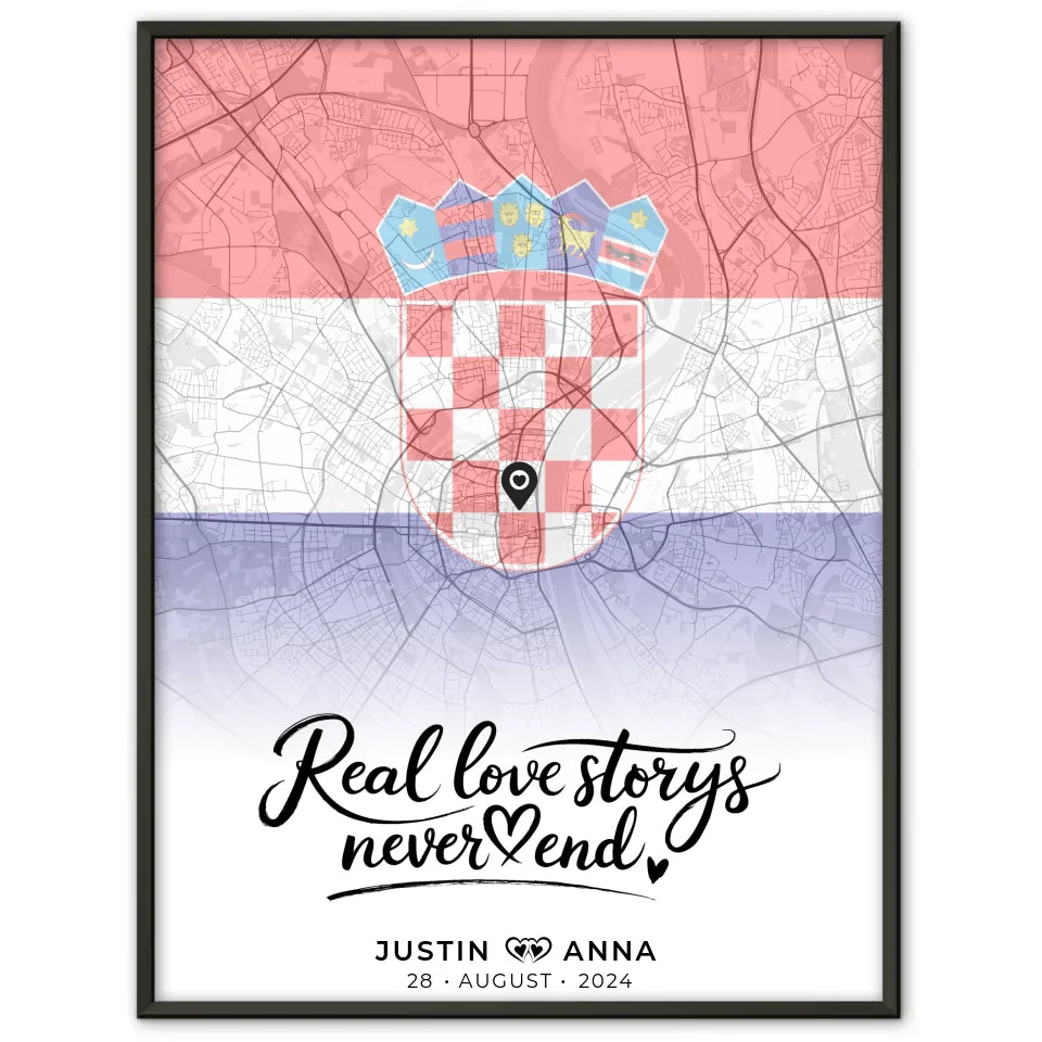 Personalisiertes Stadtkartenposter für Paare Urlaub Kroatien Real Love Storys Never End