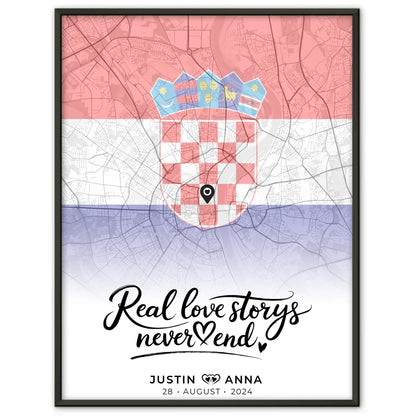 Personalisiertes Stadtkartenposter für Paare Urlaub Kroatien Real Love Storys Never End