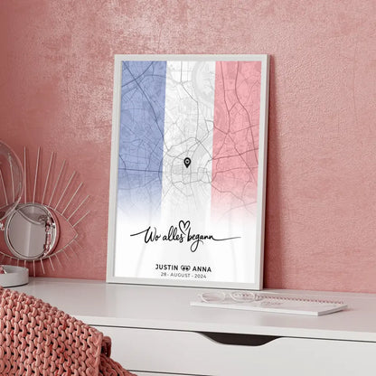 Personalisiertes Stadtkartenposter für Paare Urlaub Frankreich Wo Alles Begann