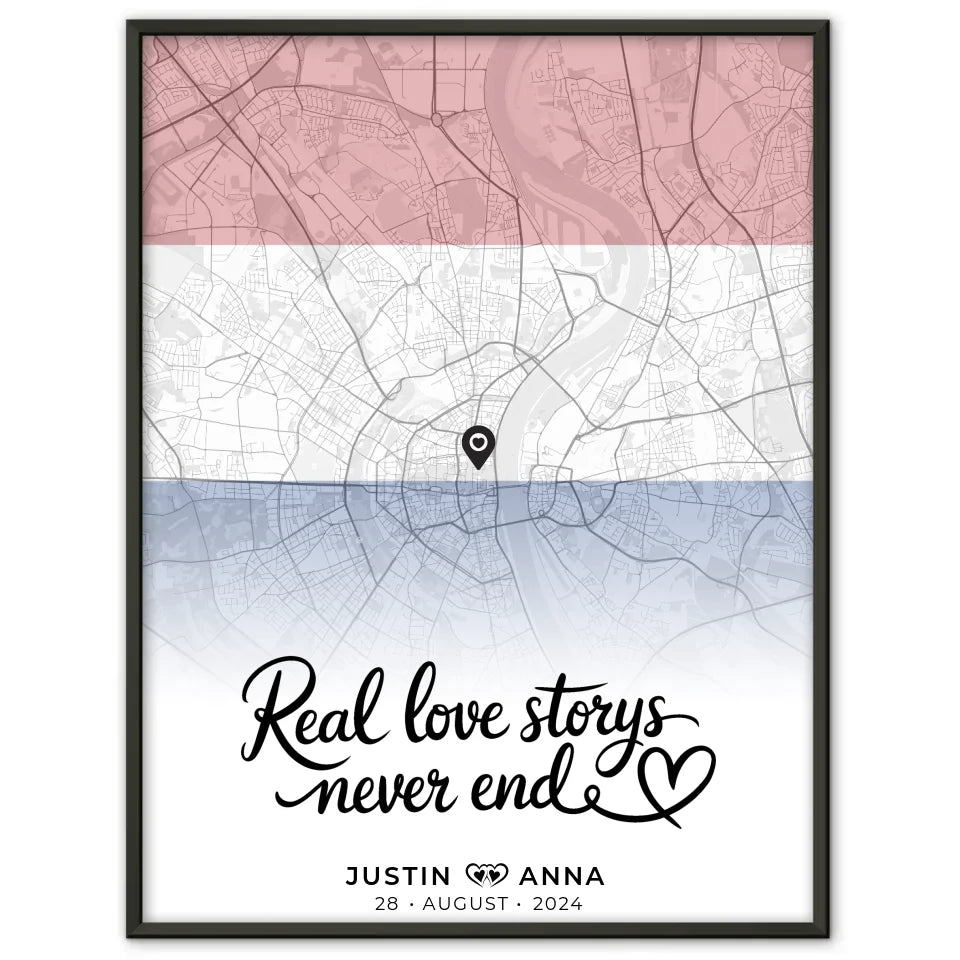 Personalisiertes Stadtkartenposter für Paare Urlaub Niederlande Real Love Storys Never End