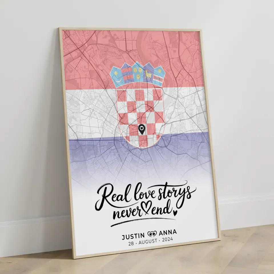 Personalisiertes Stadtkartenposter für Paare Urlaub Kroatien Real Love Storys Never End