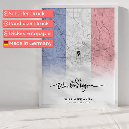 Personalisiertes Stadtkartenposter für Paare Urlaub Frankreich Wo Alles Begann