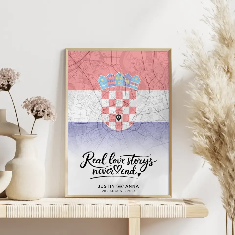 Personalisiertes Stadtkartenposter für Paare Urlaub Kroatien Real Love Storys Never End