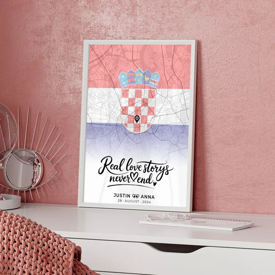 Personalisiertes Stadtkartenposter für Paare Urlaub Kroatien Real Love Storys Never End