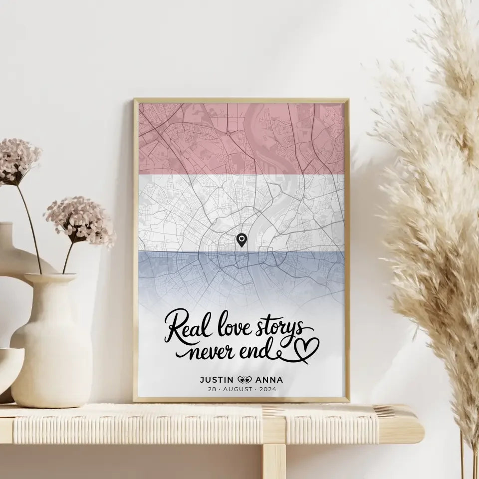 Personalisiertes Stadtkartenposter für Paare Urlaub Niederlande Real Love Storys Never End