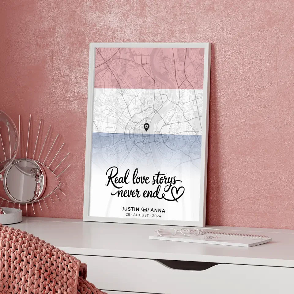 Personalisiertes Stadtkartenposter für Paare Urlaub Niederlande Real Love Storys Never End