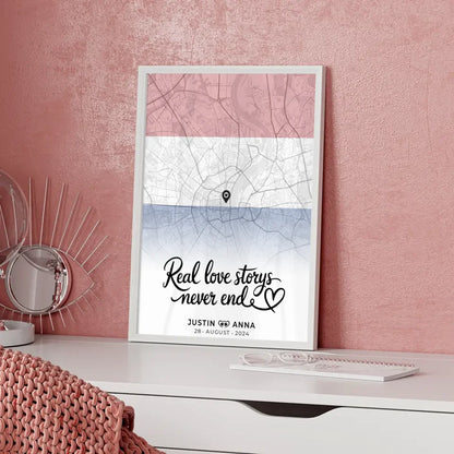 Personalisiertes Stadtkartenposter für Paare Urlaub Niederlande Real Love Storys Never End