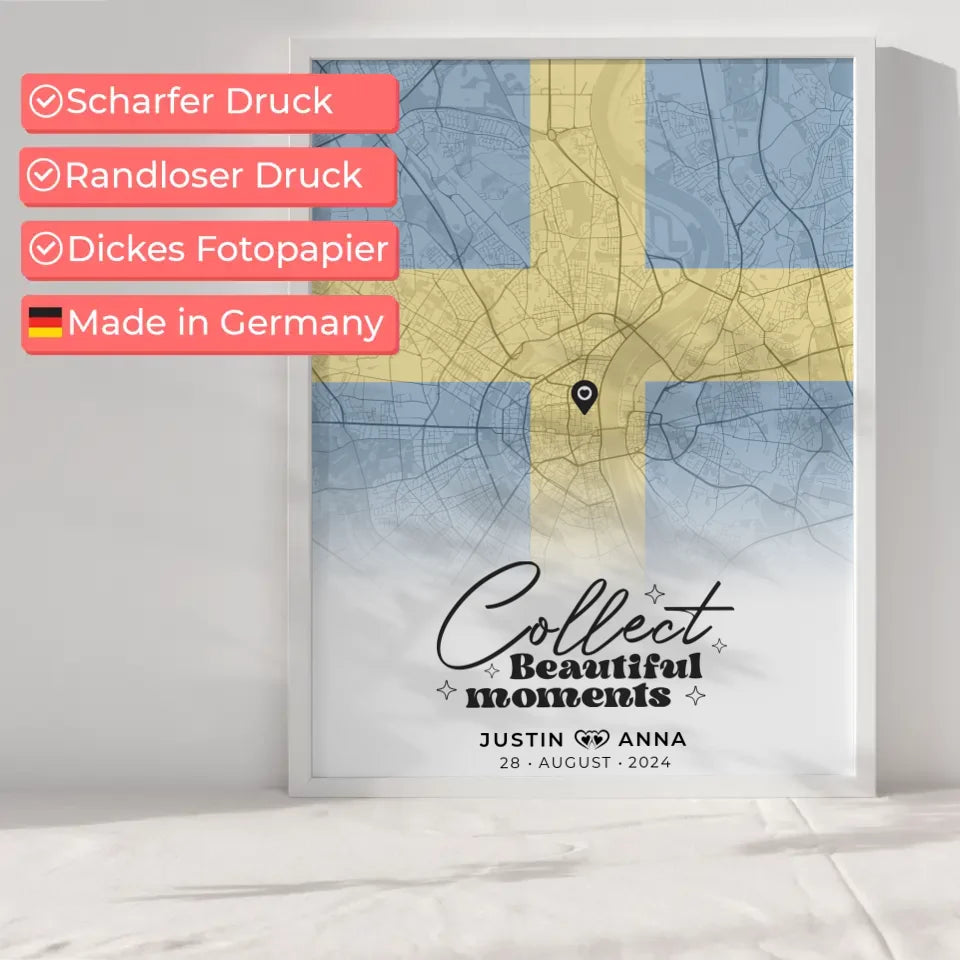 Personalisiertes Stadtkartenposter für Paare aus Schweden Urlaub Erinnerungen