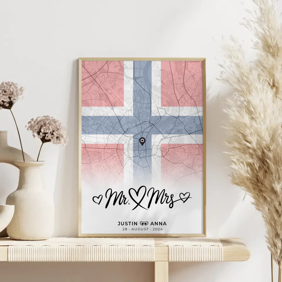 Personalisiertes Stadtkartenposter für Paare Urlaub Norwegen Mr & Mrs